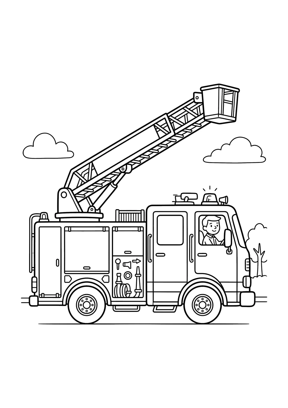 Desenho detalhado em preto e branco de um caminhão de bombeiros com escada mecânica para colorir e imprimir.