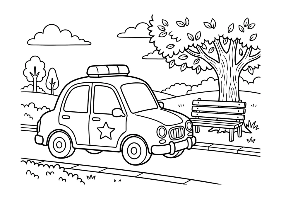 Desenho para colorir em traços pretos e brancos de um carro de polícia simpático com luzes de emergência estacionado perto de um parque, com contornos simples para crianças.