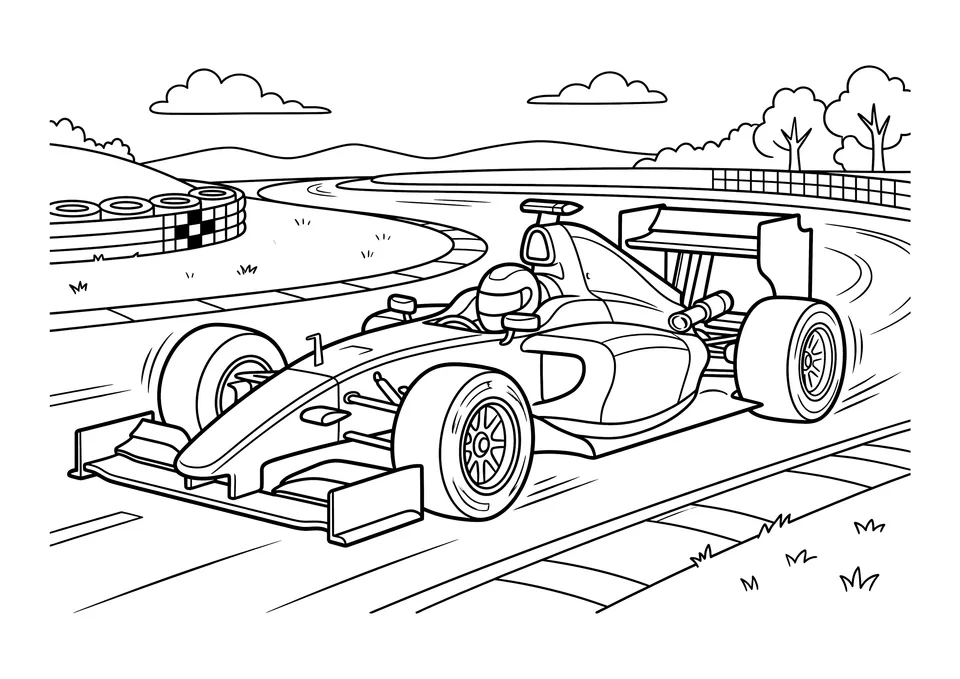A black and white line art illustration of a sleek race car on a racing circuit with a front and rear wing, designed for coloring.