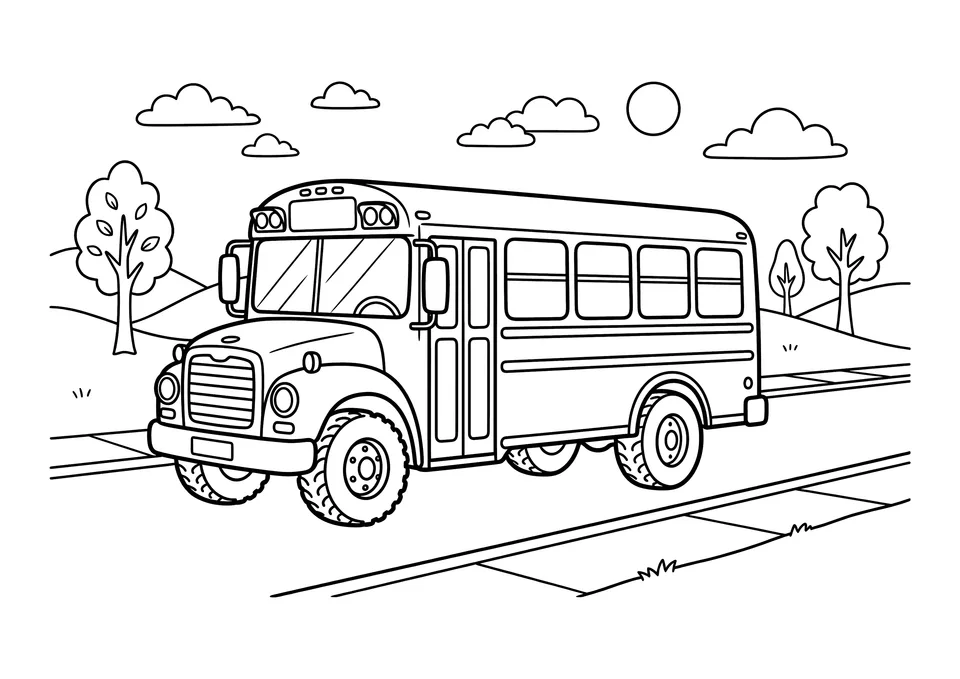 A simple black and white line art drawing of a school bus on a road, designed for children to color.