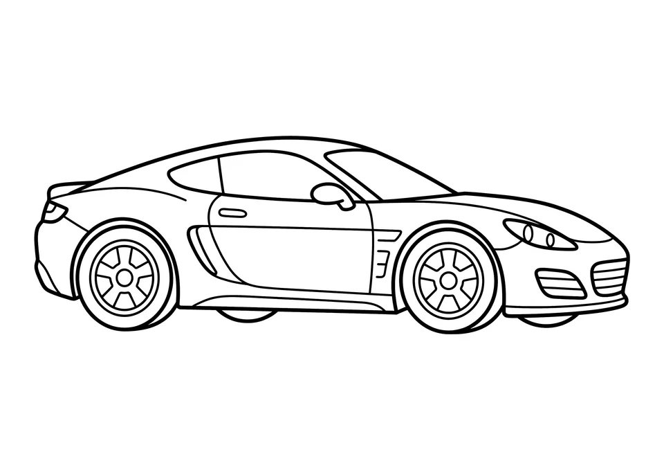A clean, black and white line art drawing of a modern sports car with a spoiler, intended for children to color.