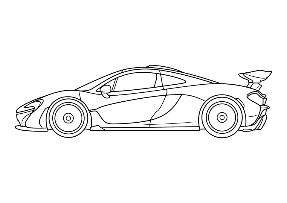 Desenho em preto e branco de linhas com um supercarro veloz e aerodinâmico, com um aerofólio grande e rodas de perfil baixo em um fundo branco simples.