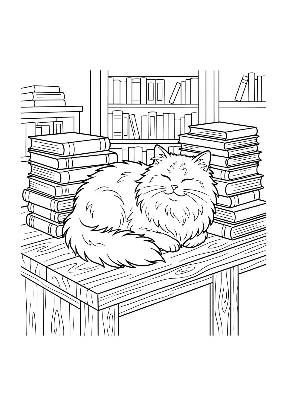 Desenho em linhas preto e branco de um gato peludo de pelos longos deitado sobre o balcão de uma biblioteca rodeado de livros, pronto para colorir.