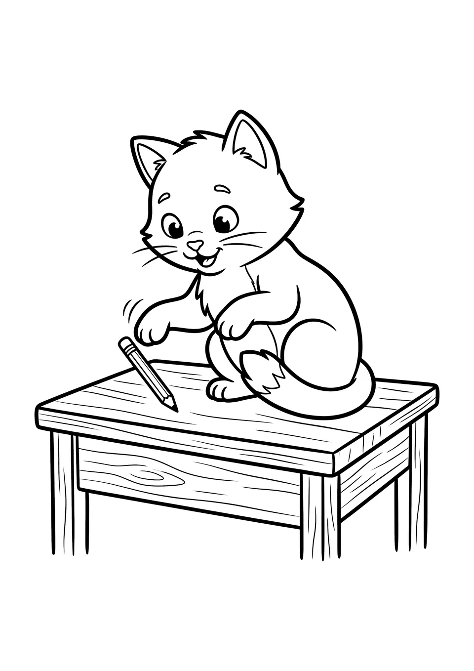 Black and white line art coloring page of a cute cartoon cat tapping a pencil off the edge of a desk.