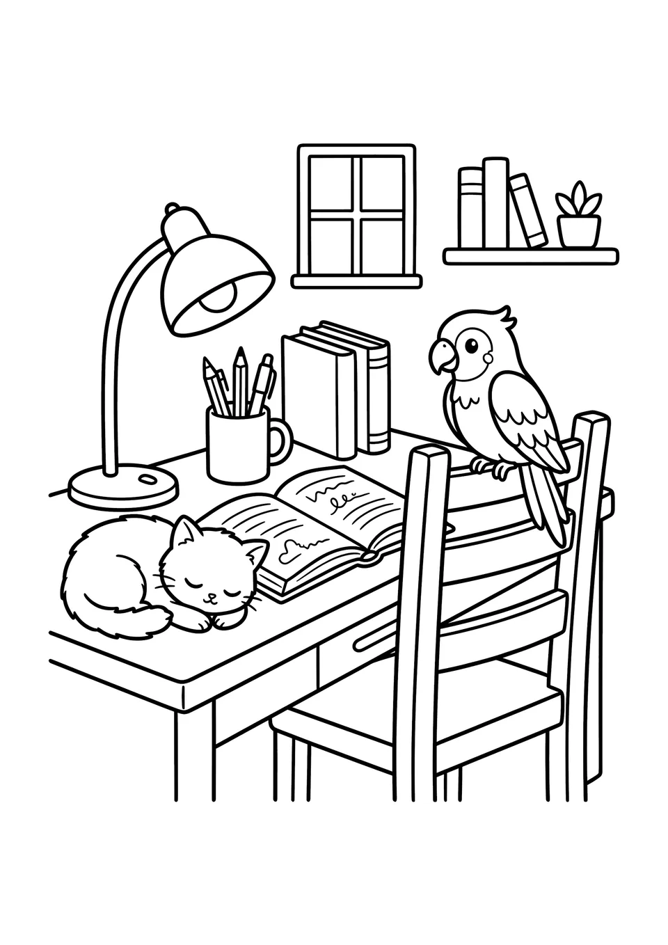 Desenho em preto e branco para colorir com traços nítidos mostrando um gato dormindo tranquilamente sobre uma escrivaninha ao lado de livros enquanto um papagaio repousa por perto.