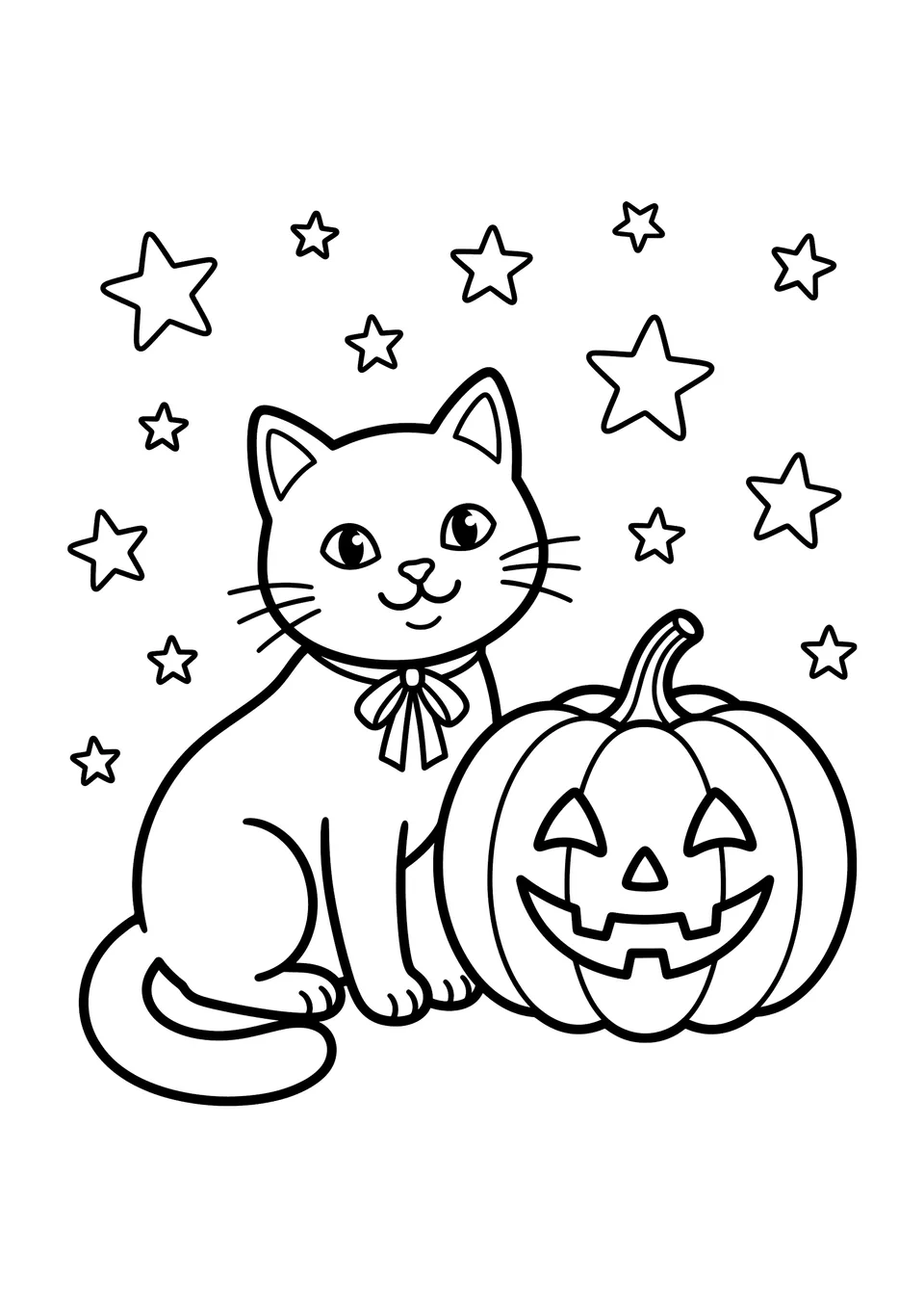 Desenho em preto e branco para colorir com um gato simpático sentado ao lado de uma abóbora de Halloween.
