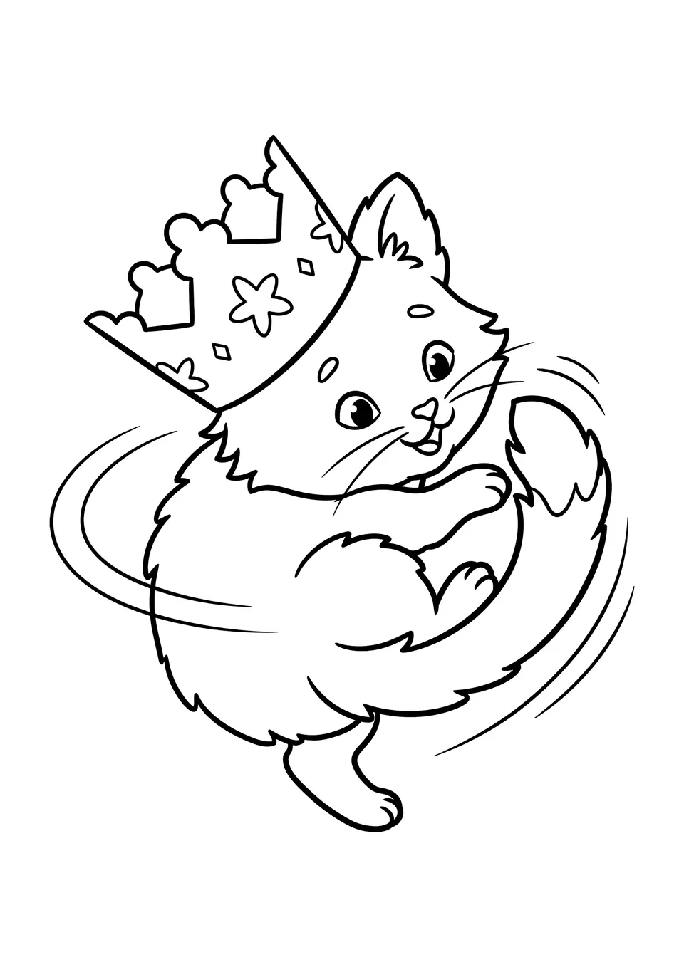 Desenho em preto e branco para colorir de um gatinho fofo usando uma coroa grande de papel enquanto corre atrás do rabo.