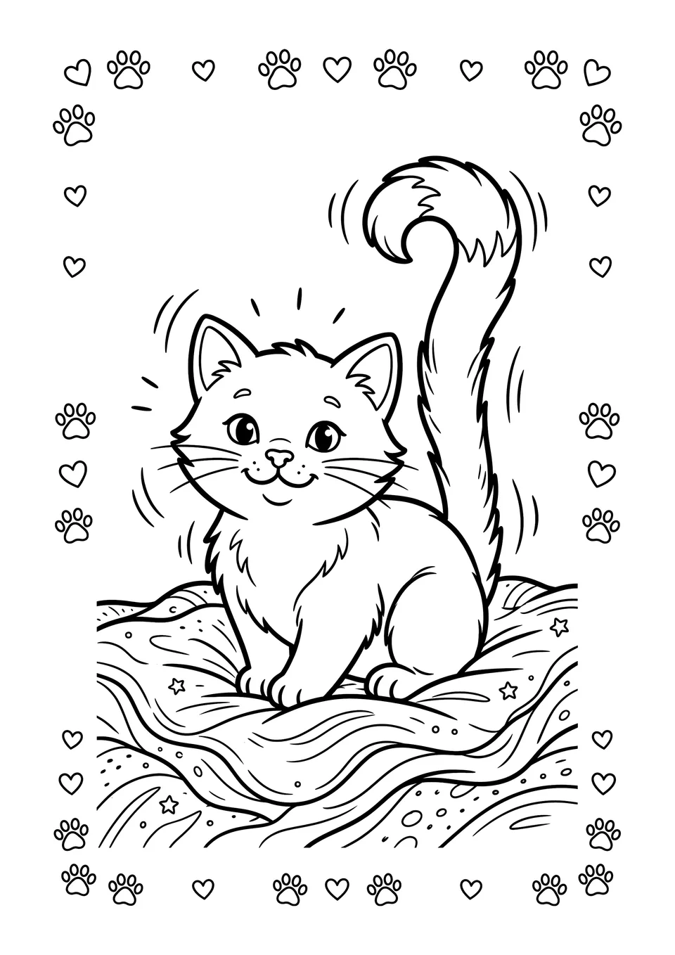 Desenho em preto e branco para colorir mostrando um gatinho feliz ronronando sobre um cobertor com o rabo levantado.
