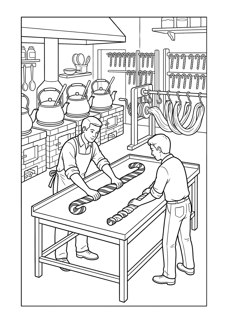 Black and white printable coloring page depicting candy makers twisting striped peppermint candy canes on a workshop table.