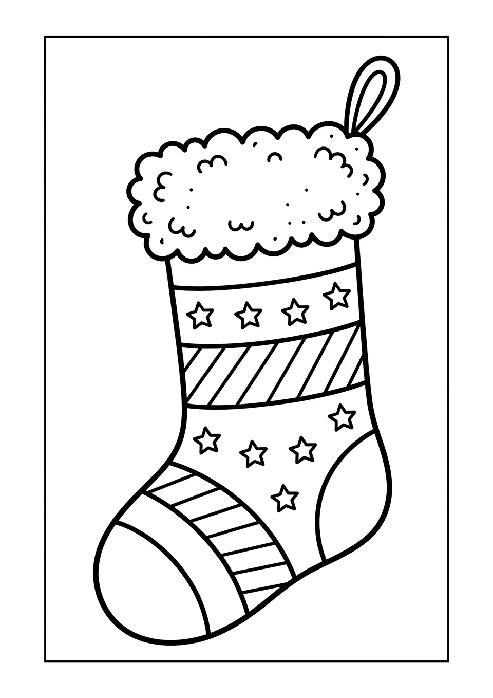 Un dibujo para colorear simple en blanco y negro de una bota navideña decorada con un borde esponjoso.