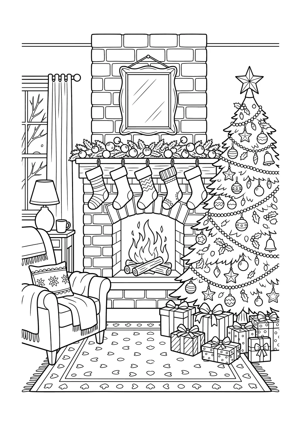 Desenho para colorir e imprimir em preto e branco mostrando uma sala aconchegante com lareira, meias na lareira e uma árvore de Natal decorada.