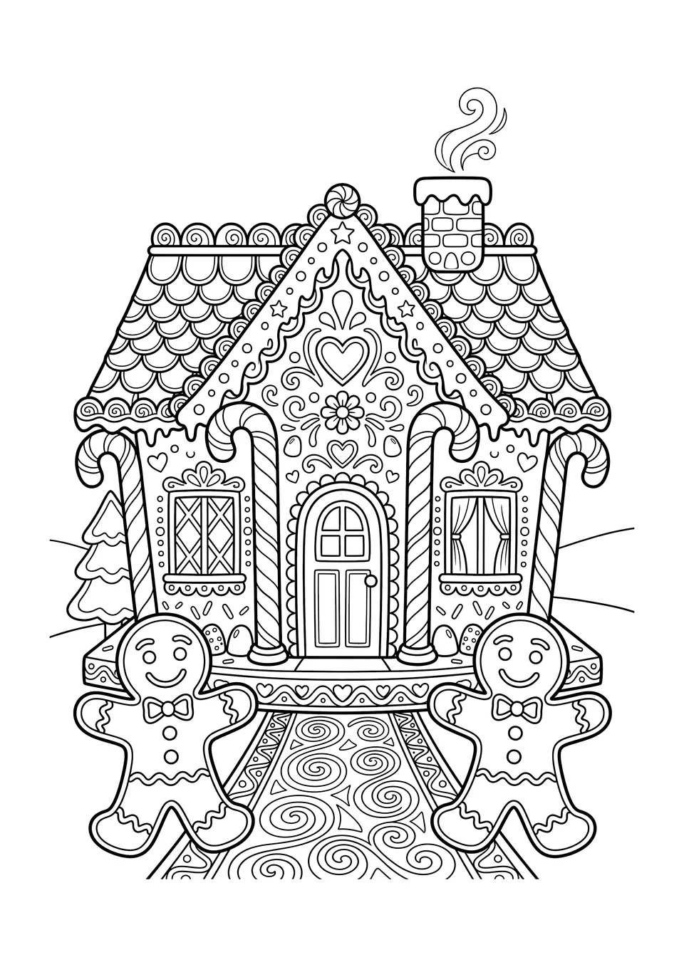 Dibujo lineal en blanco y negro de una casa de jengibre decorada con bastones de caramelo y dos figuras de jengibre al frente.