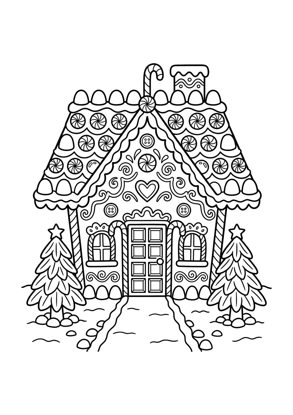 Um desenho simples em preto e branco de uma casinha de gengibre decorada com doces e árvores de açúcar, pronta para as crianças colorirem.