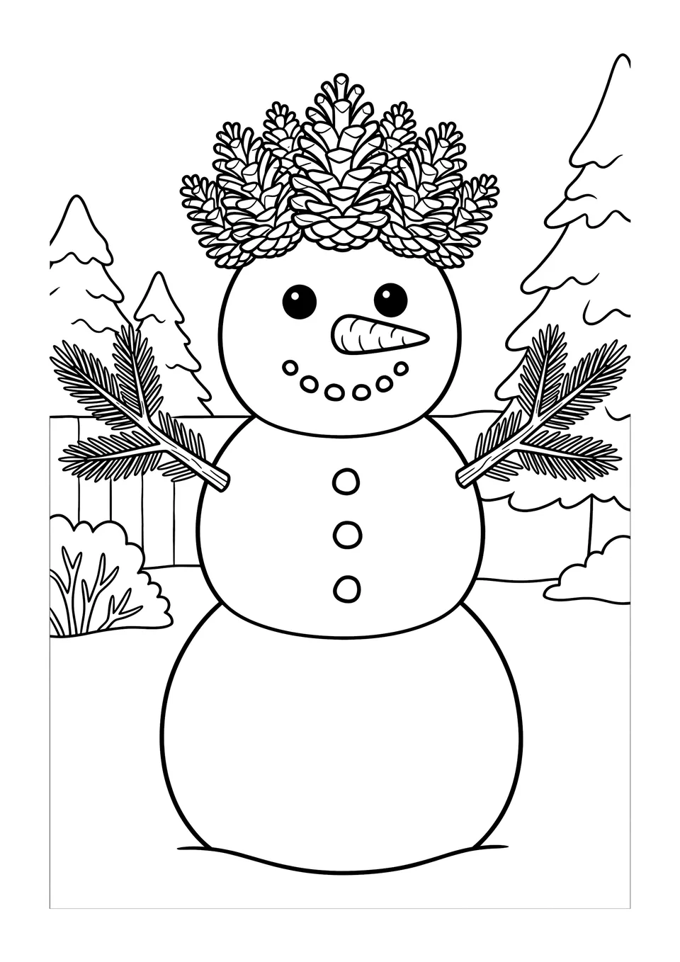 Um desenho para colorir em preto e branco de um grande boneco de neve com coroa de pinhas e braços de galhos de pinheiro em um quintal nevado.