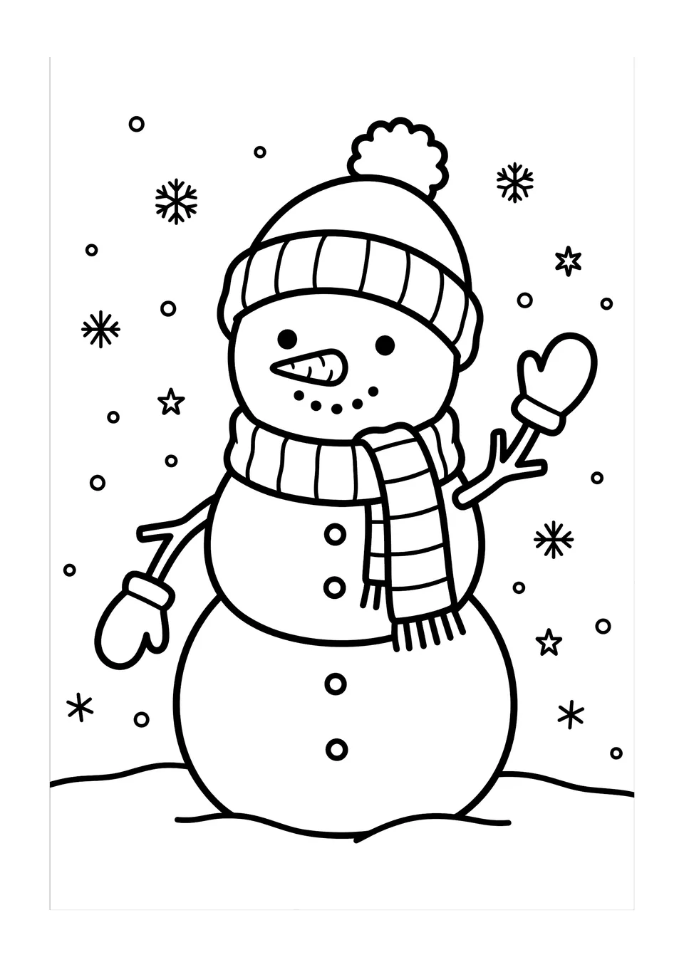 Dibujo en blanco y negro de un muñeco de nieve sonriente con gorro tejido y bufanda a rayas, mientras caen copos de nieve.