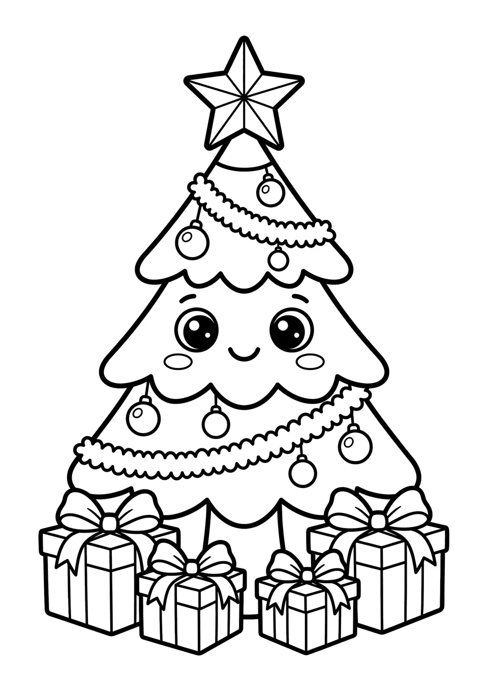 Dibujo en blanco y negro de un tierno árbol de Navidad kawaii con cara sonriente, estrella en la punta y regalos envueltos.