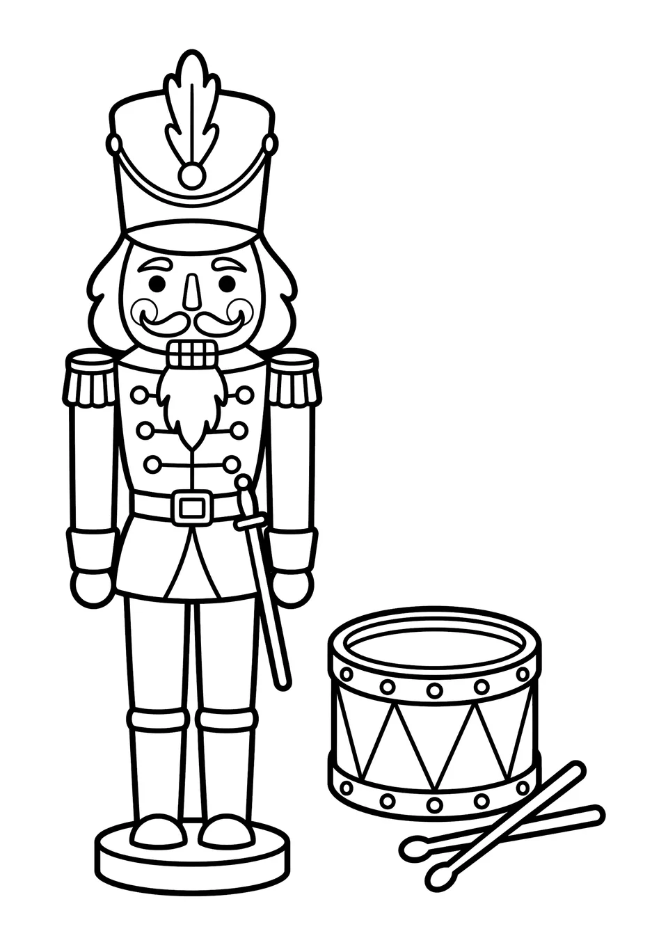 Dibujo imprimible en blanco y negro de un soldado cascanueces clásico de madera junto a unos pequeños tambores de juguete.