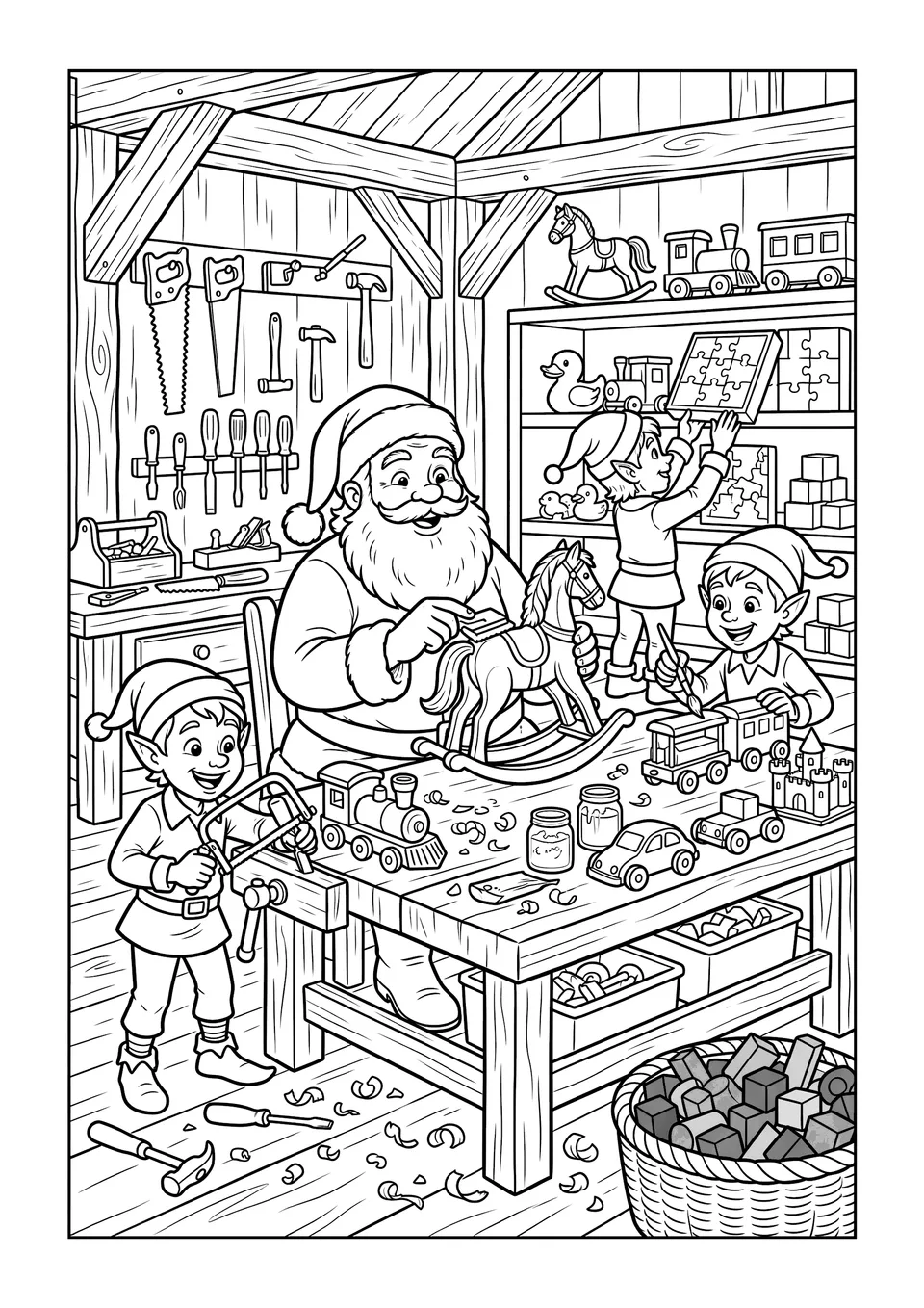 Dibujo en blanco y negro de Santa Claus y sus duendes fabricando juguetes de madera con herramientas manuales en un taller del Polo Norte.