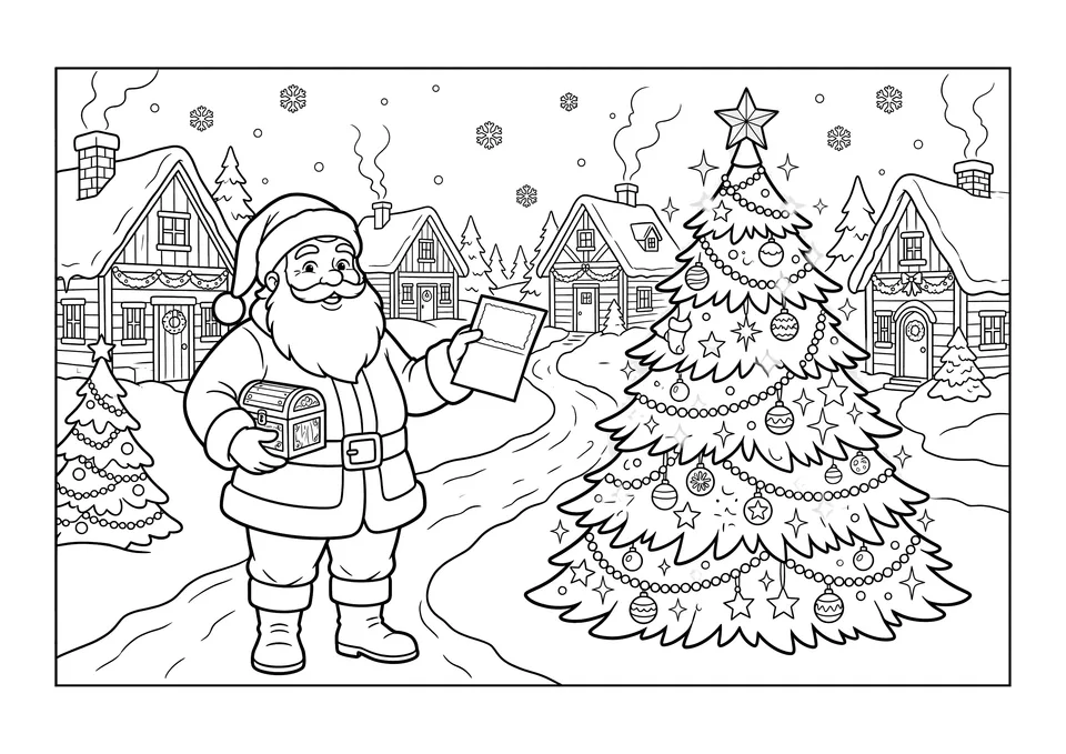 Ilustração em preto e branco para colorir com traços nítidos mostrando o Papai Noel segurando uma caixa de madeira sob uma grande árvore de Natal no Polo Norte.