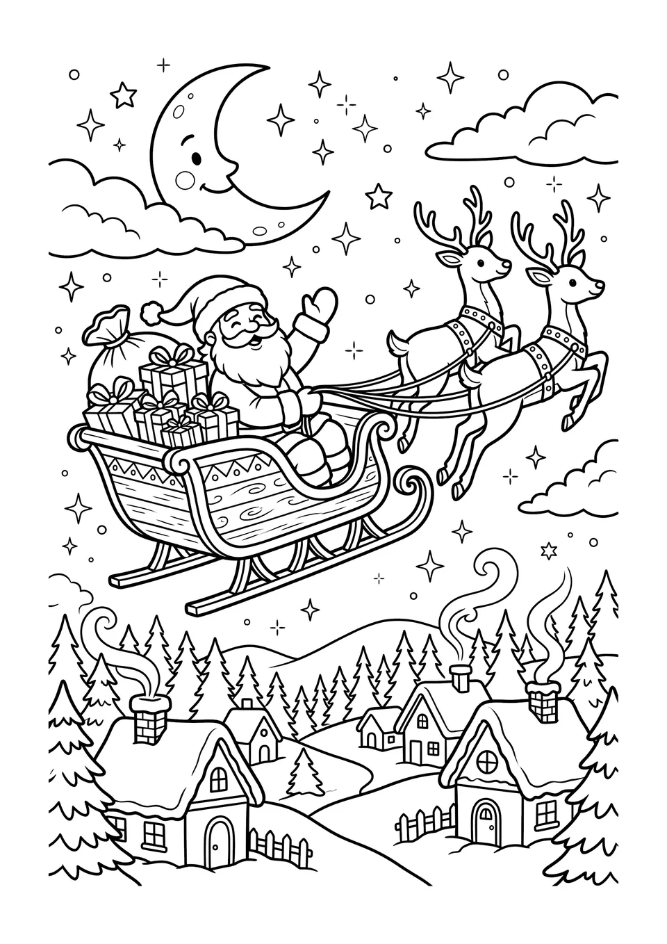 Desenho para colorir em preto e branco mostrando o Papai Noel em seu trenó puxado por renas voadoras sobre uma vila de inverno com neve.