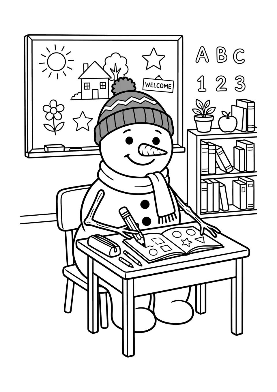 Desenho para colorir em preto e branco com traços simples de um boneco de neve feliz sentado em uma carteira escolar na sala de aula, com uma lousa atrás dele.