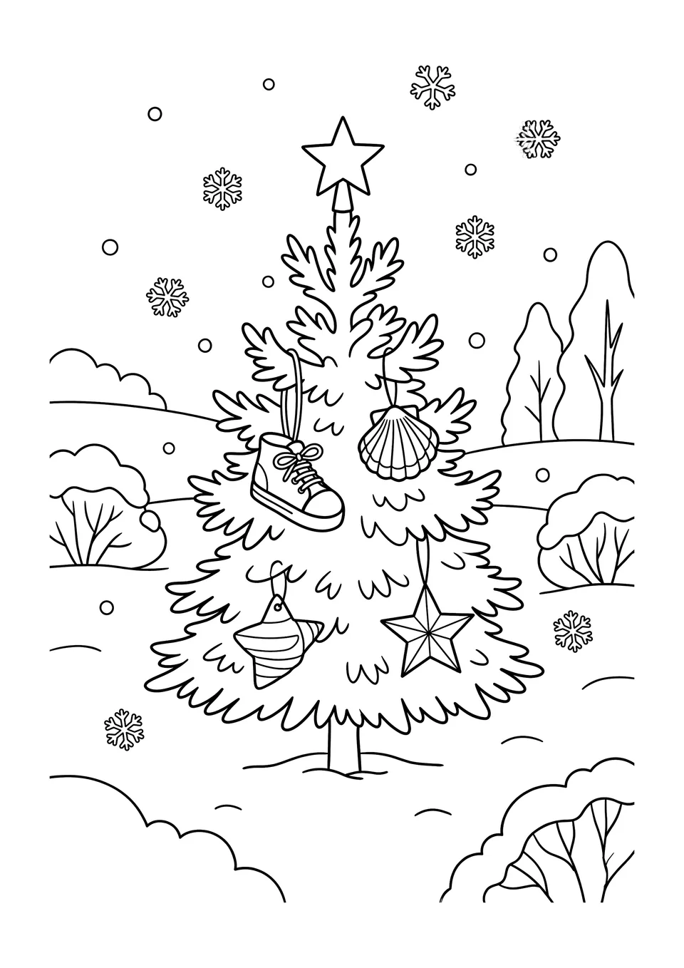 Desenho para colorir em preto e branco de uma pequena árvore de Natal enfeitada com itens únicos, como um tênis e uma concha do mar, em um parque coberto de neve.
