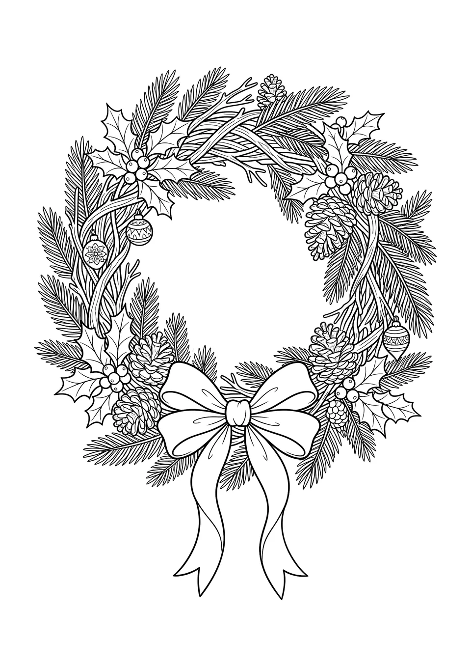 Desenho detalhado em preto e branco de uma guirlanda de Natal tradicional com ramos de pinheiro, pinhas, azevinhos com frutinhas e um grande laço de fita.