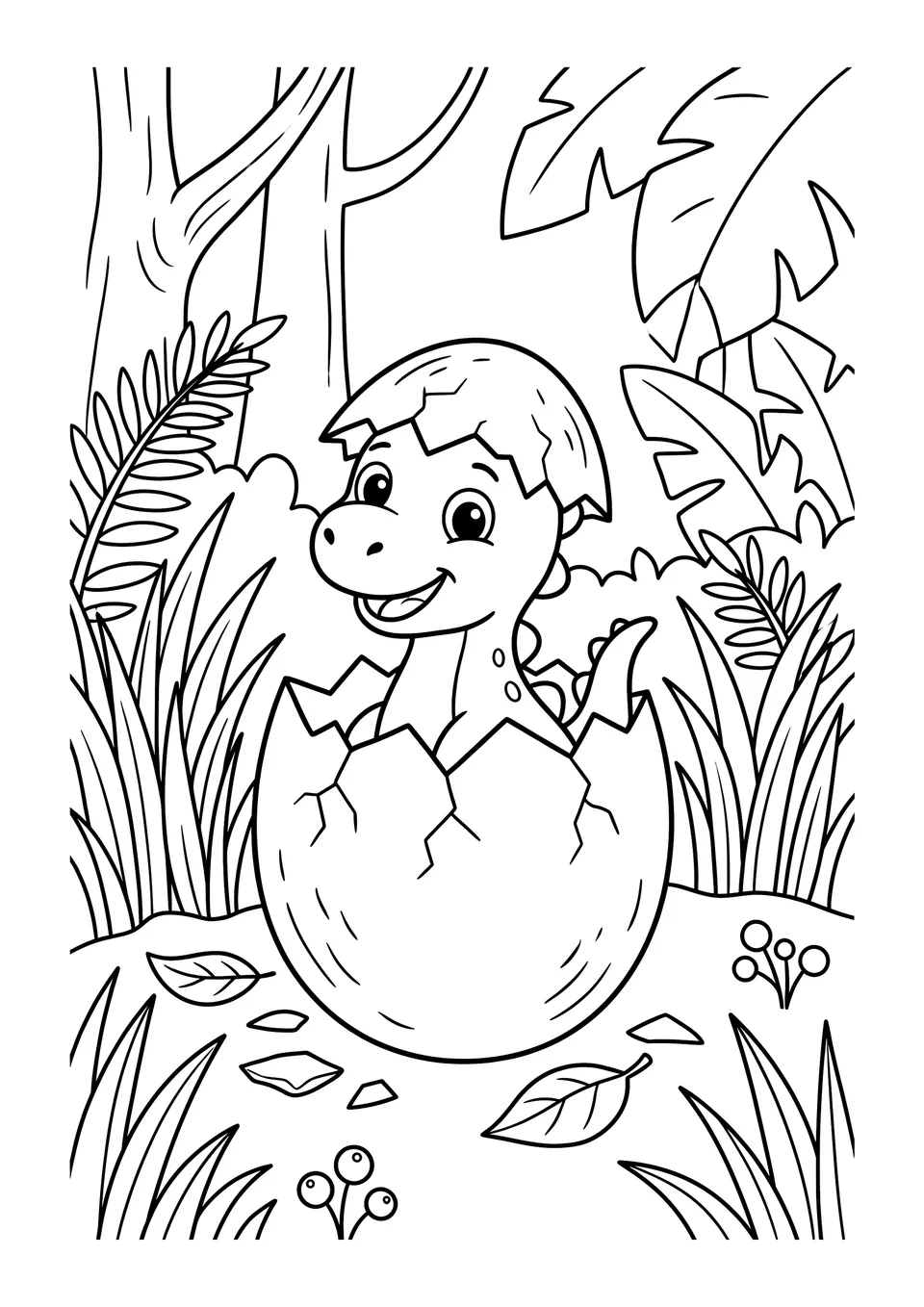 Desenho simples em preto e branco de um lindo bebê dinossauro saindo da casca do ovo em uma floresta, pronto para as crianças colorirem.