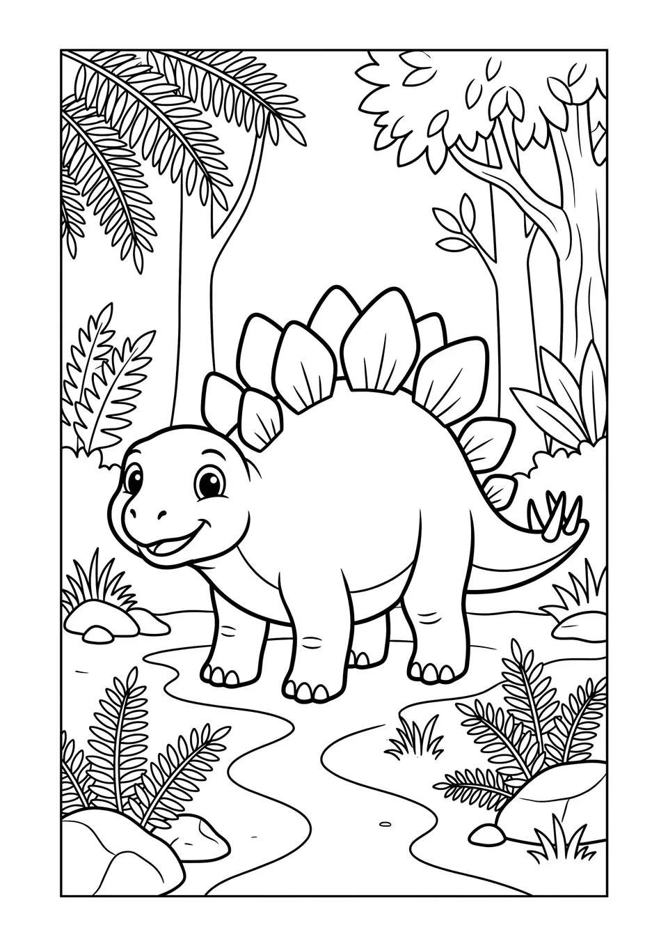A printable black and white line art illustration of a small baby Stegosaurus standing among prehistoric ferns.