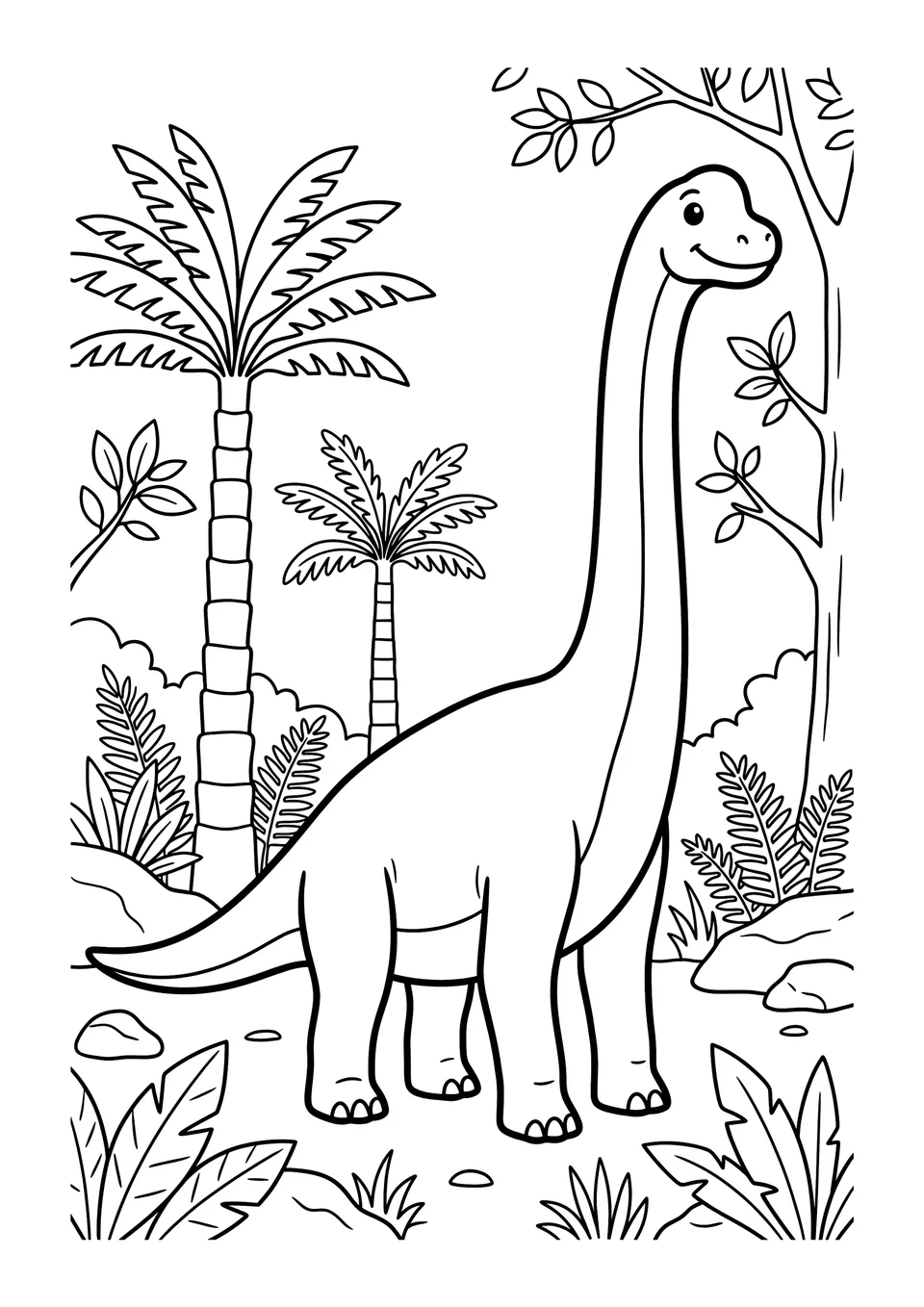 Um desenho simples em traço preto e branco de um braquiossauro alto ao lado de árvores pré-históricas, feito para colorir.