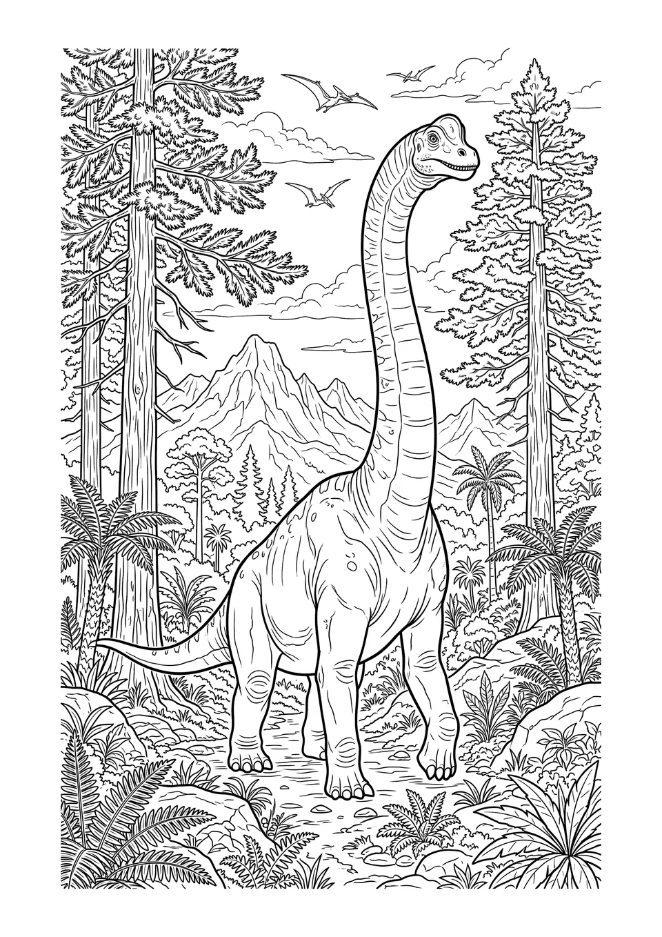 Desenho detalhado em preto e branco de um braquiossauro entre árvores altas e samambaias do Jurássico, pronto para colorir.