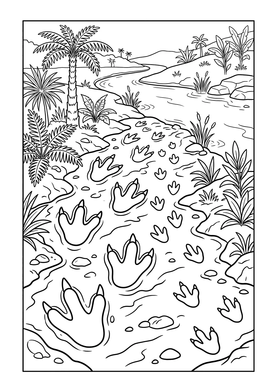 A black and white line art coloring page showing different sizes of dinosaur footprints in the dirt near a prehistoric river.