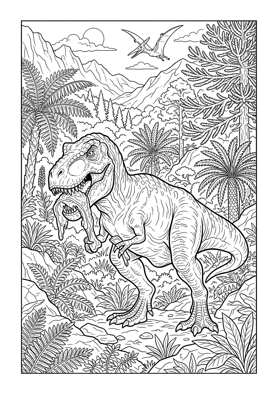 A detailed black and white line art illustration for coloring that depicts a Tyrannosaurus rex eating in a prehistoric jungle with ferns and trees.