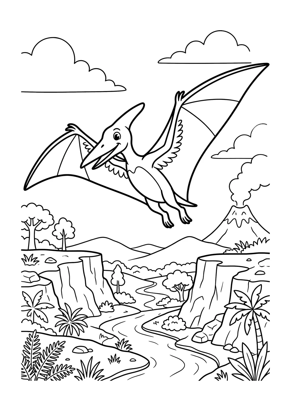 Desenho em preto e branco para colorir de um pterodáctilo voando sobre um penhasco pré-histórico e uma floresta tropical.