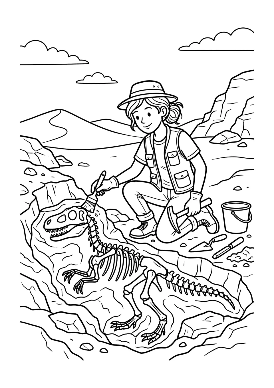 Desenho para colorir em preto e branco de um paleontólogo usando ferramentas para escavar o fóssil de um dinossauro na terra.