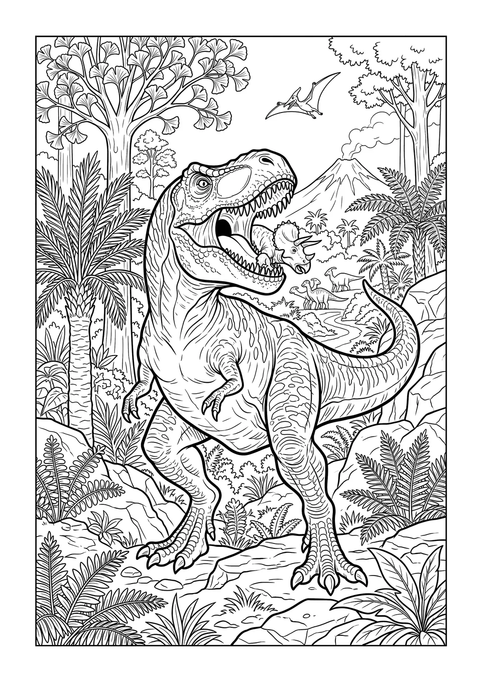 Desenho simples em preto e branco de um T-Rex amigável em pé, em formato vertical.