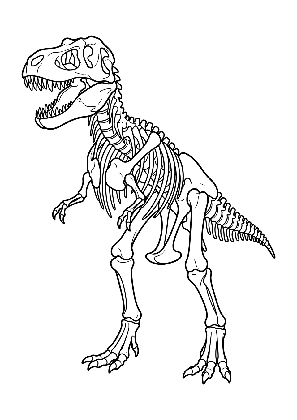 Desenho detalhado em preto e branco do esqueleto de um Tiranossauro rex para as crianças colorirem.