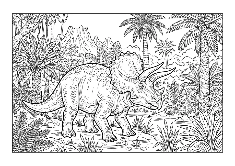 A detailed landscape coloring page for kids showing a Triceratops with its three horns and neck frill in a prehistoric forest.