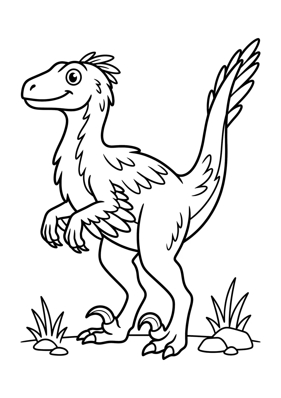 Um desenho de traço em preto e branco bem simples de um dinossauro Velociraptor com penas, contornos grossos e grandes espaços para colorir.