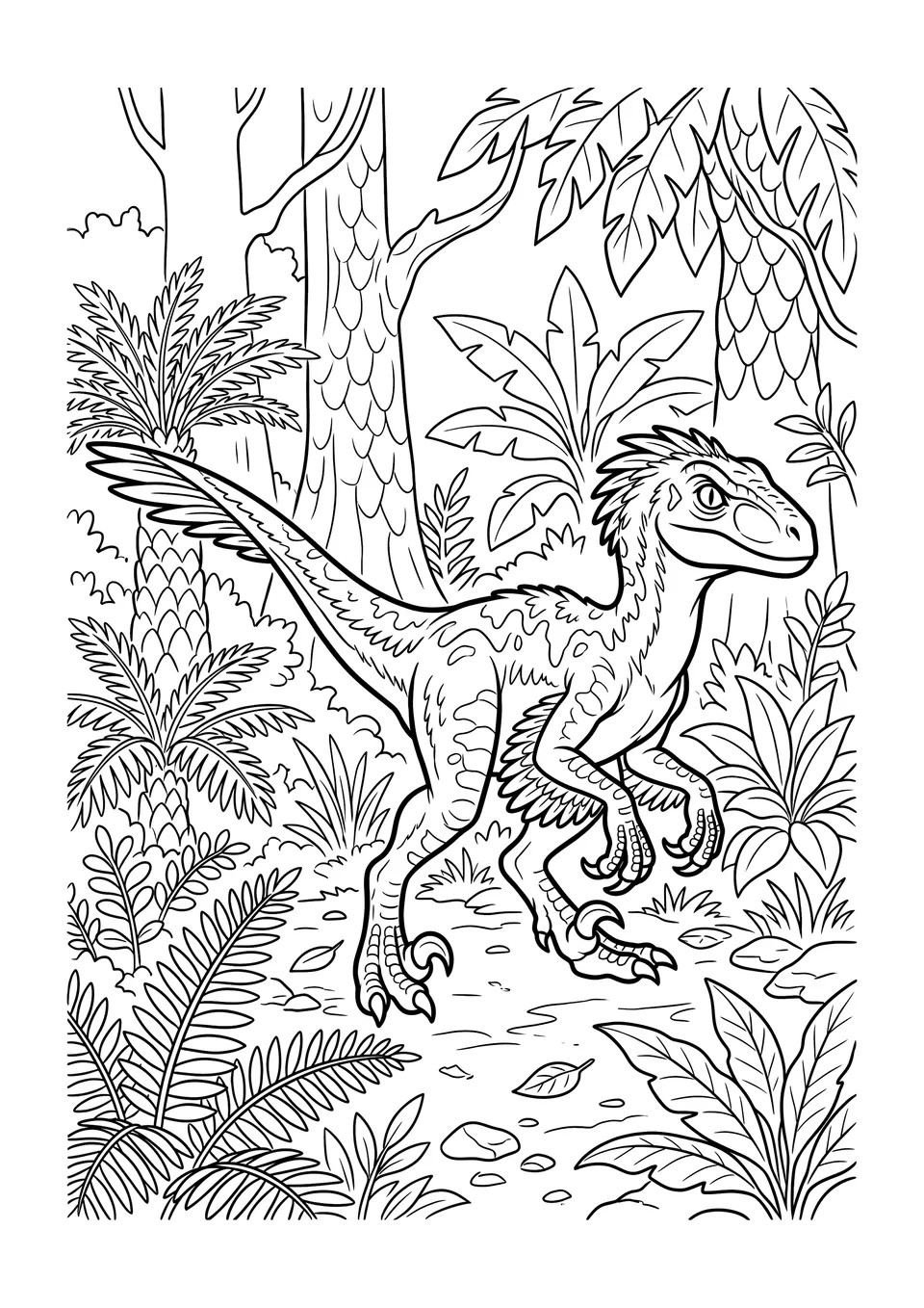A black and white line art illustration of a Velociraptor dinosaur crouching in the ferns during a hunt, ready for coloring.
