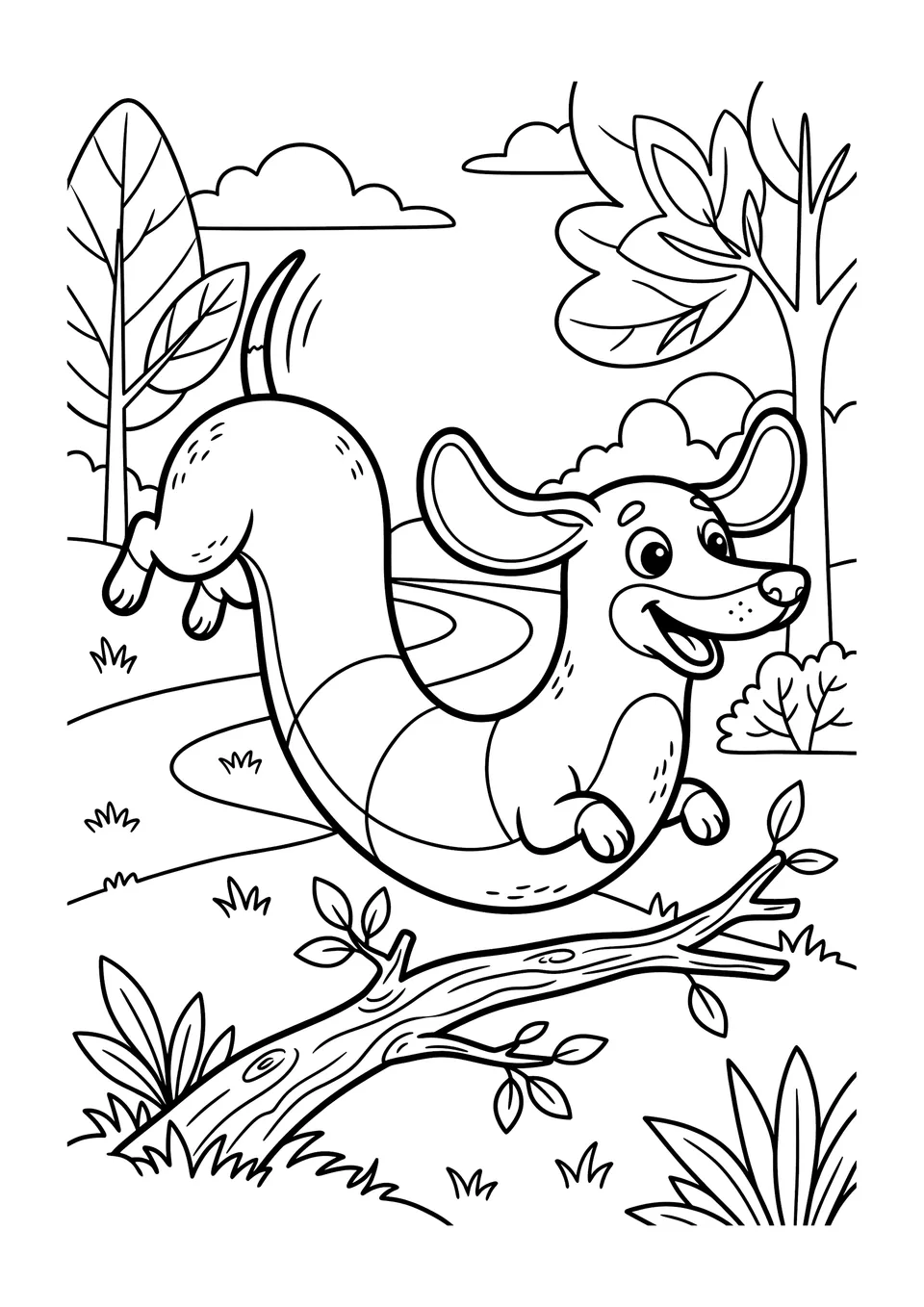 Desenho em preto e branco para colorir de um cachorro Dachshund em estilo desenho animado, com corpo comprido e pernas curtas, pulando sobre um tronco na floresta.
