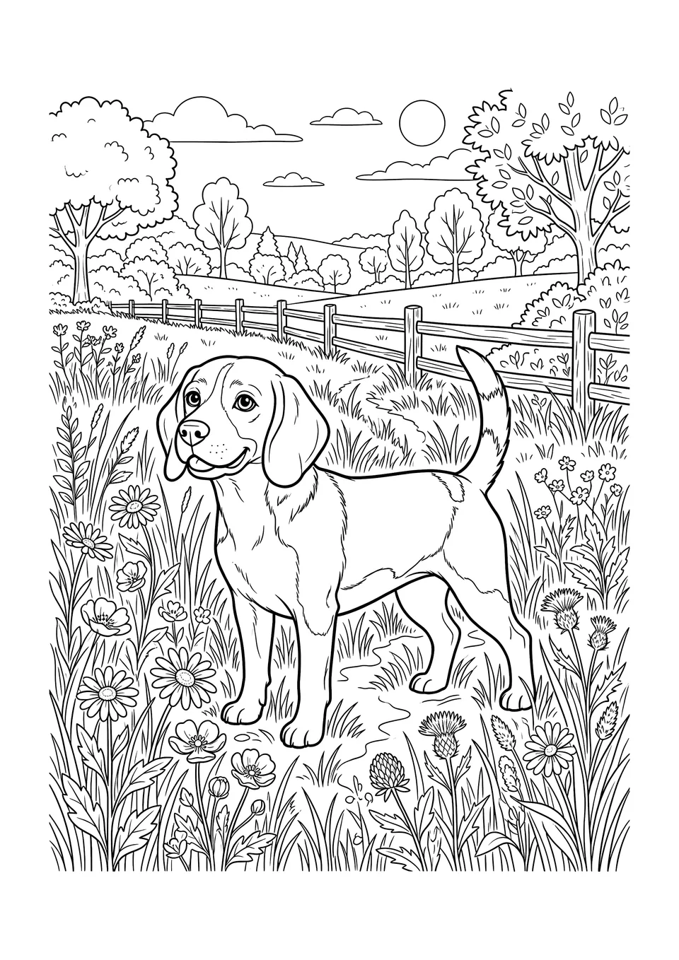 A complex line art coloring page of a Beagle standing in a field of tall grass with its tail raised, designed for kids.