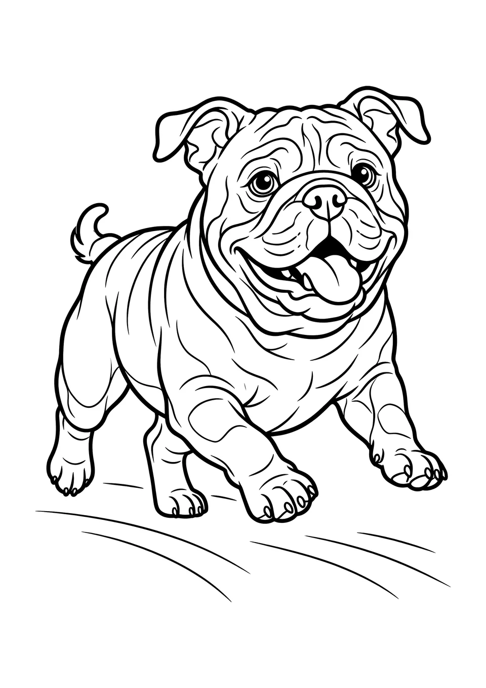 A black and white line art drawing of a funny English Bulldog running happily, designed as a printable coloring page for kids.