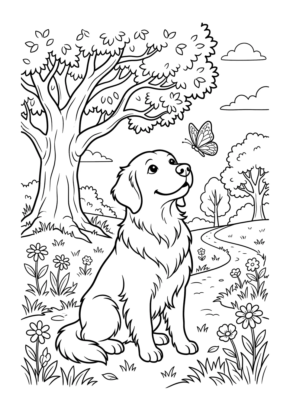 Black and white line art of a Golden Retriever dog watching a butterfly in a field of wild flowers, perfect for coloring.