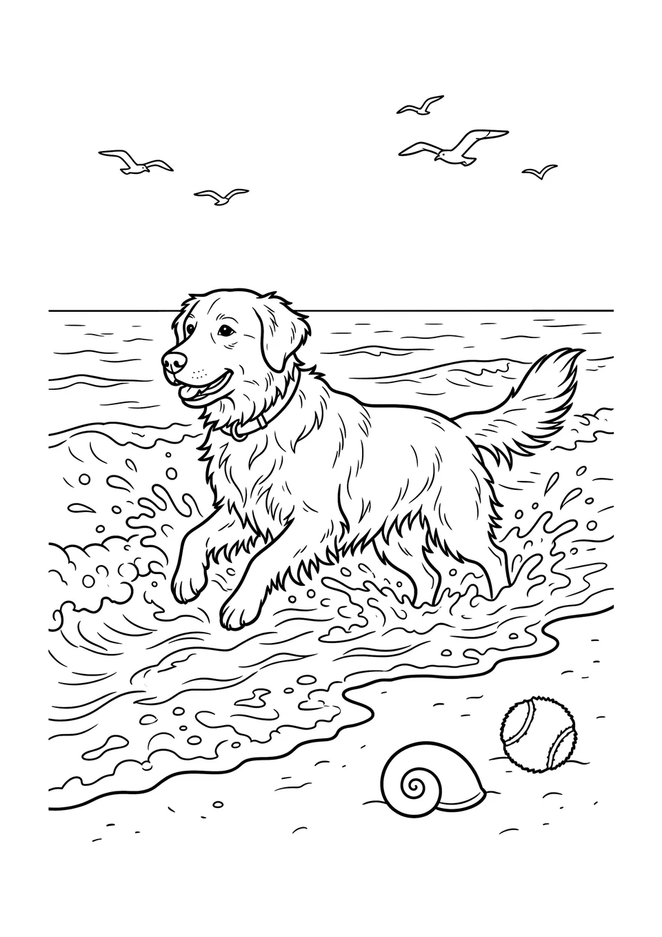 A black and white line art coloring page showing a happy dog splashing in ocean waves on a sandy beach.
