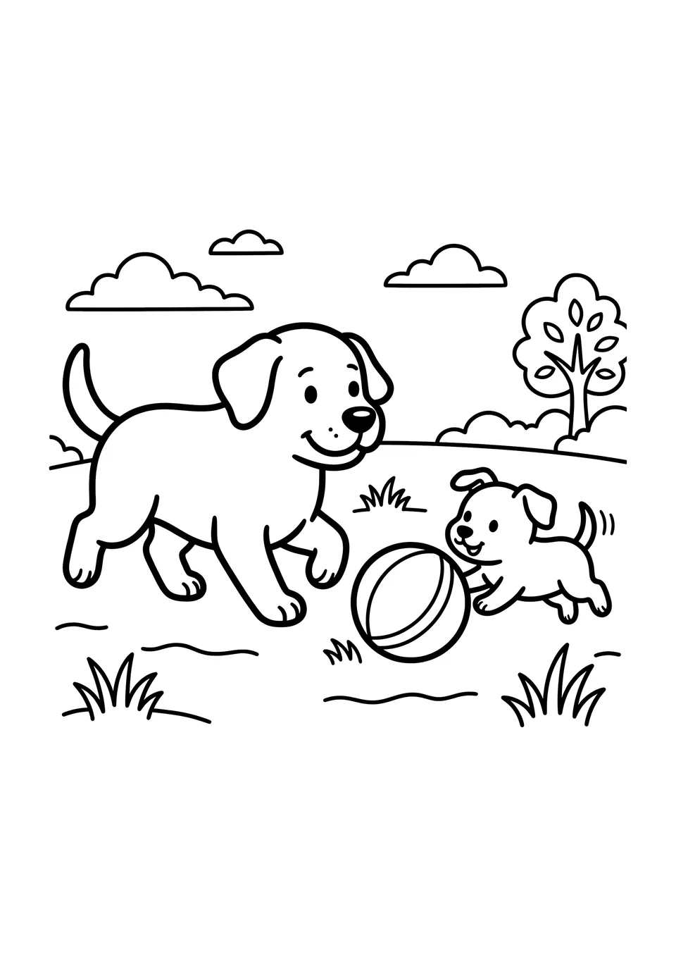 Um desenho simples em preto e branco para colorir com um cachorro grande e um cachorro pequeno brincando com uma bola.