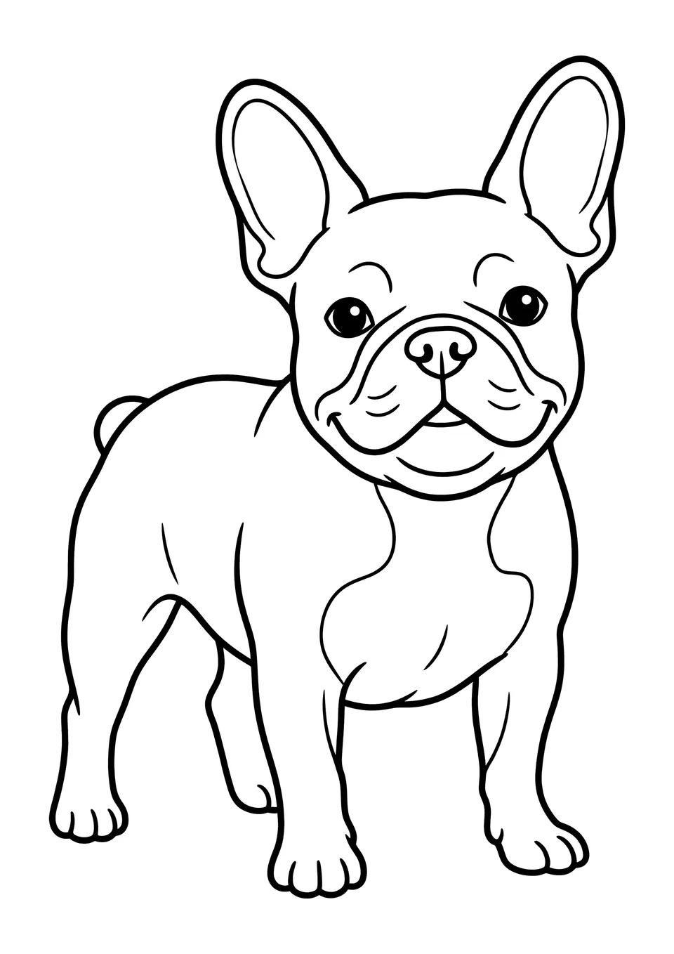 A black and white line art drawing of a French Bulldog with large upright ears, sitting in a friendly pose, perfect for kids to color.
