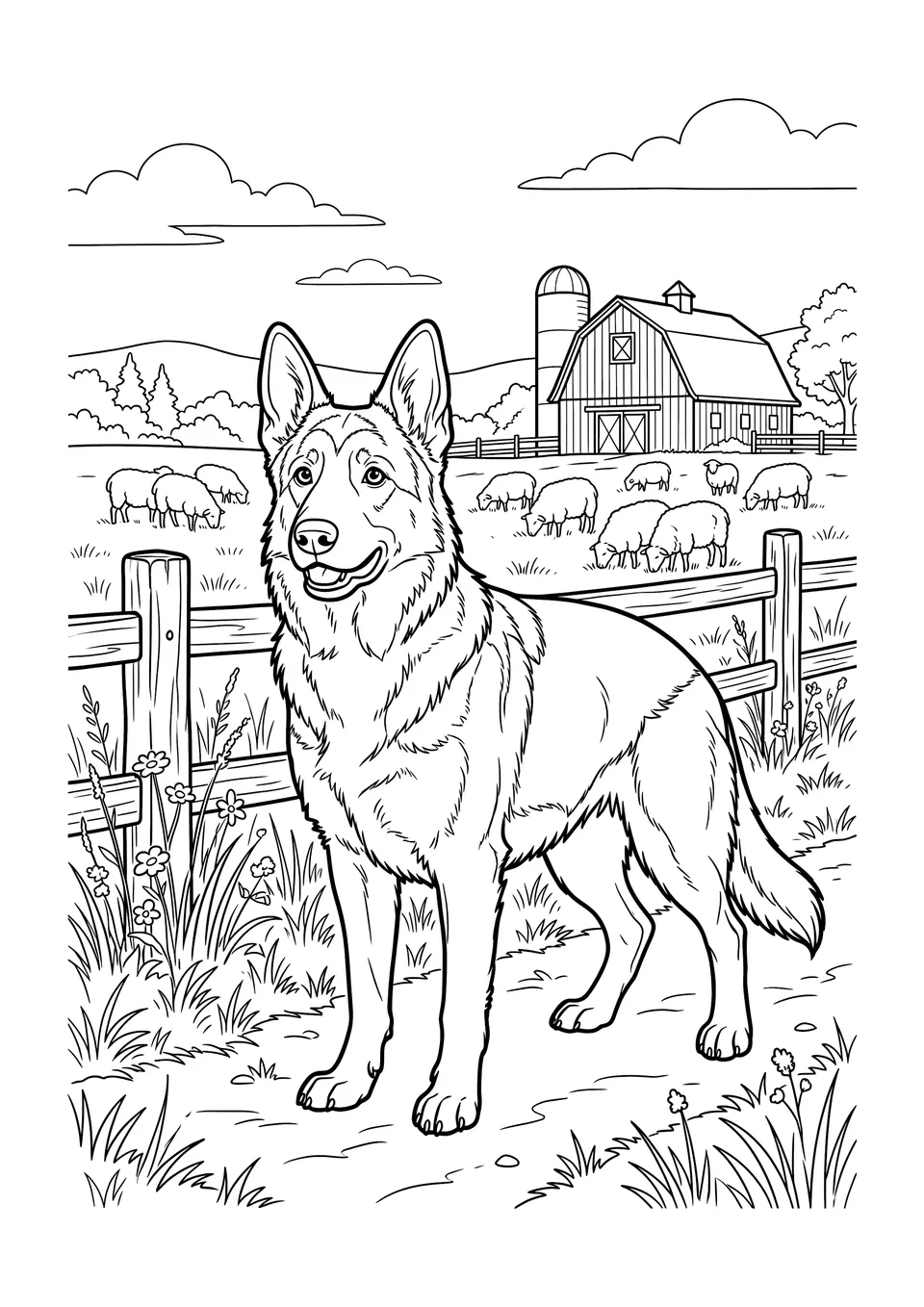 A detailed black and white line art coloring page of a German Shepherd standing on a farm near a barn and sheep.