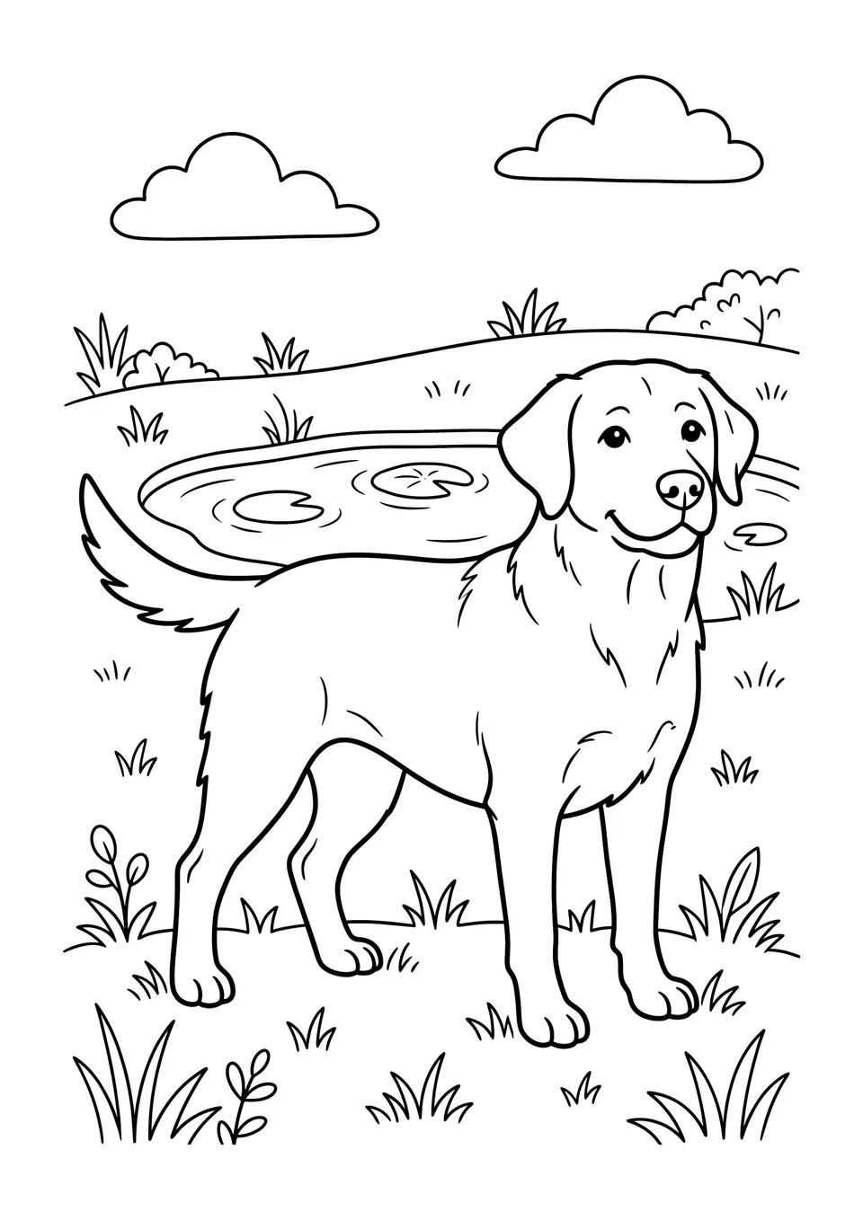 A simple black and white line art drawing of a happy Labrador dog standing outside, perfect for children to color.