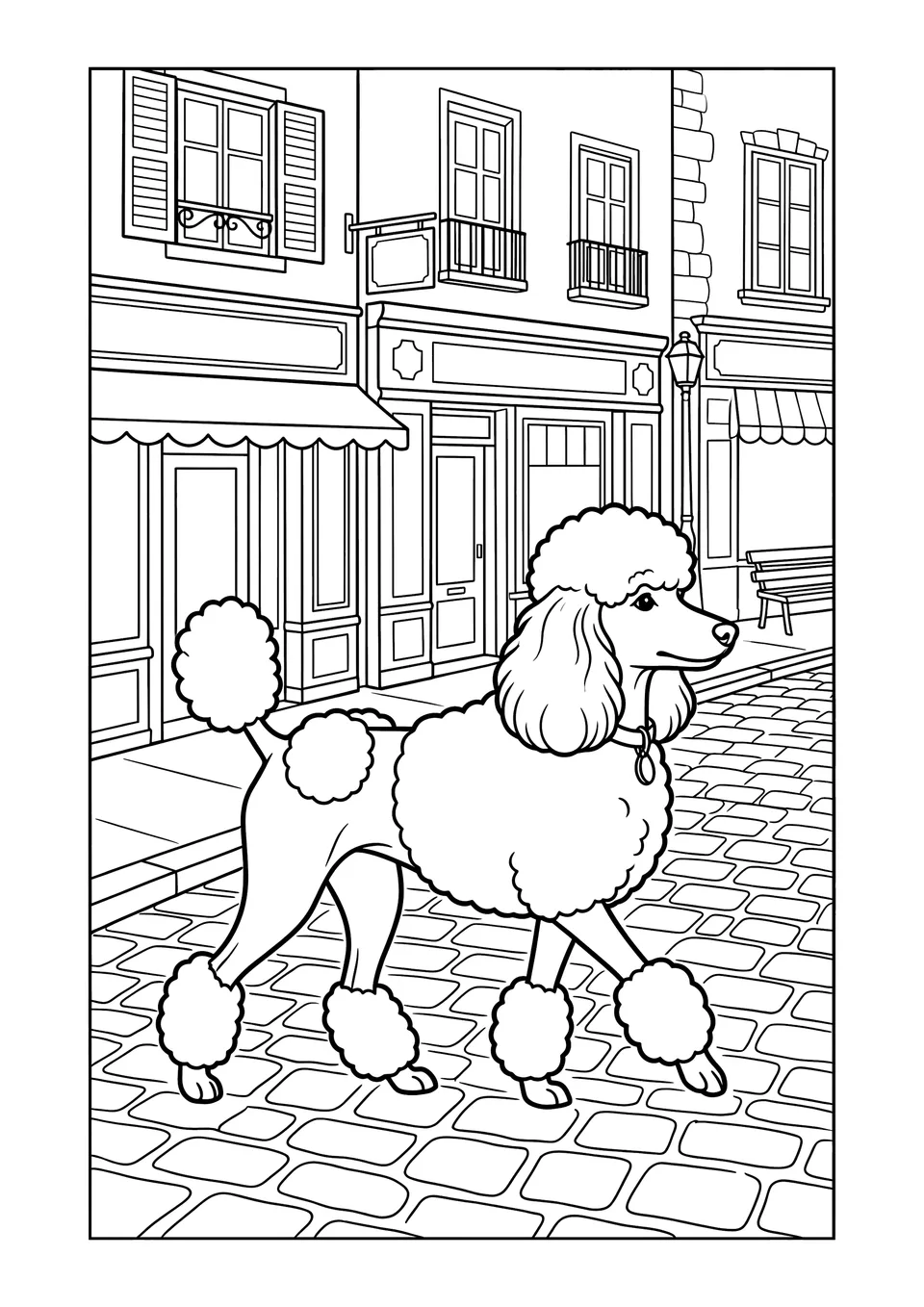 Ilustração em preto e branco para imprimir de um poodle caminhando por uma rua histórica de uma cidade francesa.